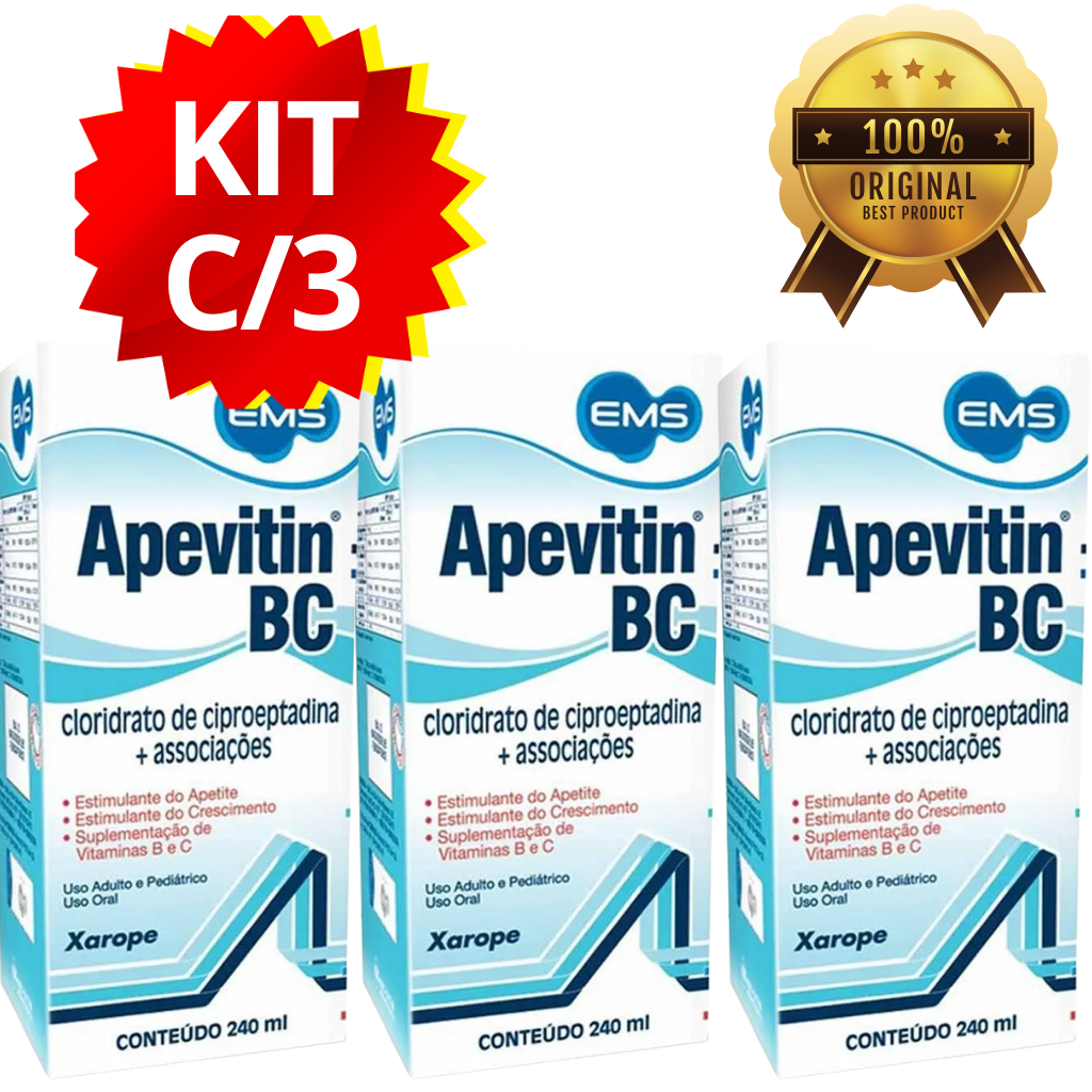 APEVITIN BC – Kit com 3  FRASCOS -  Abre o Apetite • Ganho de Peso • Mais Energia