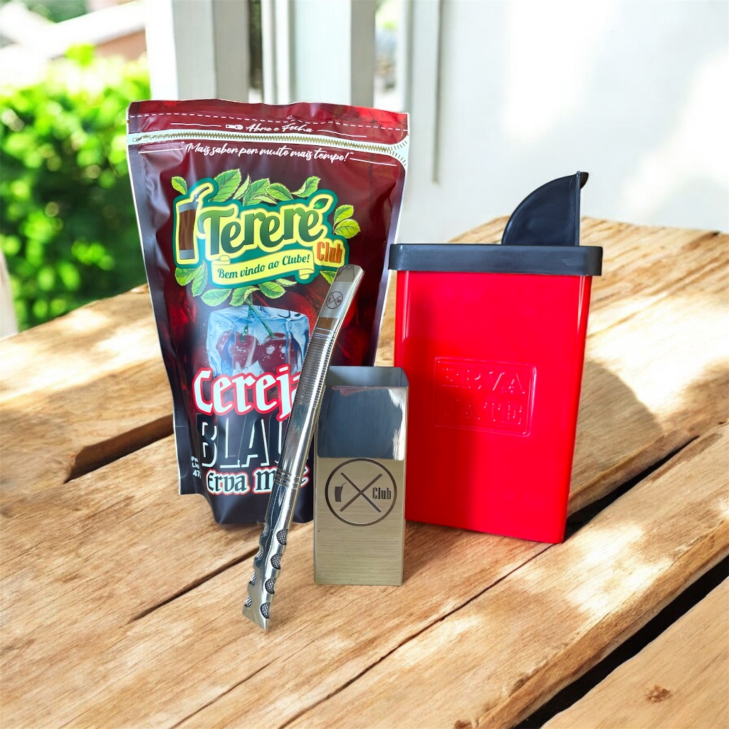 Kit Terere Copo Quadrado Inox Bomba Inox Premium Higienizável Porta Erva + Erva Mate Tereré Club