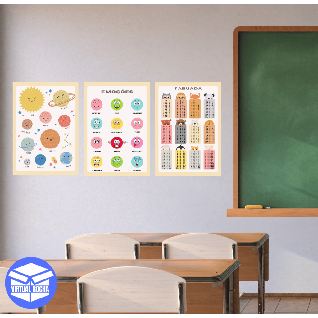 Kit 3 peças Placa Quadro Decorativo Sala De Aula Escola Infantil Emoções Tabuada Sistema Solar MDF