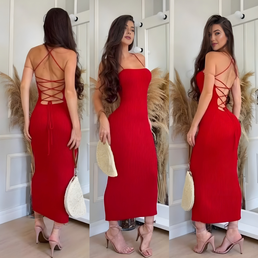 Vestido Midi Canela Costas Trançadas Alcinha Fina Elegância e Estilo