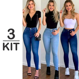 Kit 03 Calças Jeans Feminina Skinny com Elastano > Cintura Alta com Lycra > Empina Bumbum > Denim