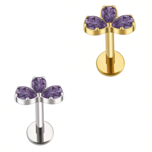 Piercing Labret Titânio e Pvd Rosca Int 1.2x8 Mini Navete 3 Zircônia Gota Pedra Roxo Para Furo Orelha Cartilagem Tragus