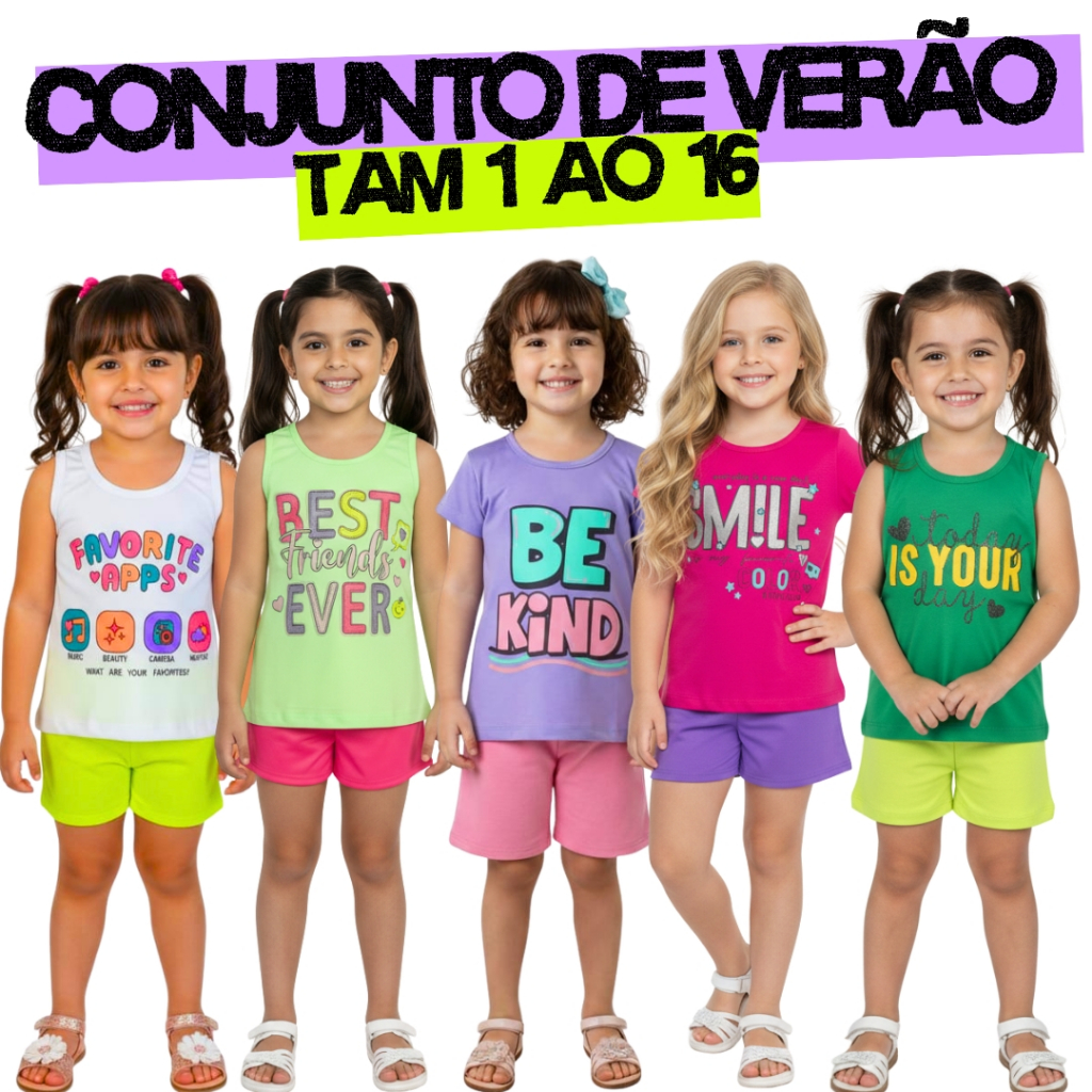 Kit Roupa Infantil Menina| 6 Peças Conjunto Infantil Menina Verão| 3 Camiseta 3 Bermuda Calor 1 a 16
