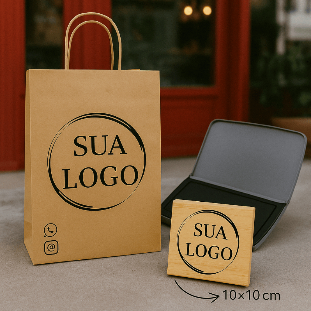 Carimbo Personalizado de Madeira 10x10cm + Almofada Entintada Para Sacola Kraft Delivery em Oferta na Shopee
