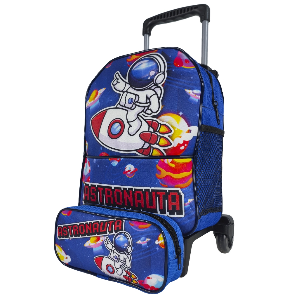Kit Mochila Bolsa Escolar de Rodinha Infantil Menino Estampa Astronauta Nave Espacial Estojo 1 Simples