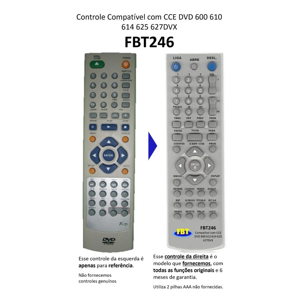 Controle Remoto Compatível Para Cce Dvd 600 610 614 Fbt246