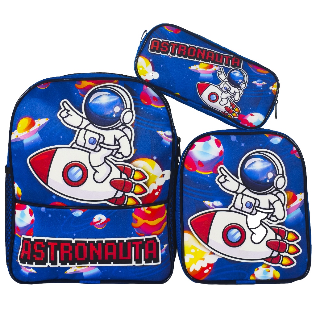 Kit Mochila Infantil Escolar Menino Tema Astronauta  Nave Espacial Lancheira Térmica Estojo 1 Ziper