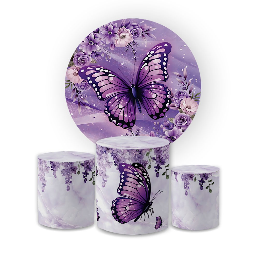 Kit Capa Painel Redondo + Trio Cilindro Decoração Jardim Borboletas Roxo Festa Comemoração Veste Fácil