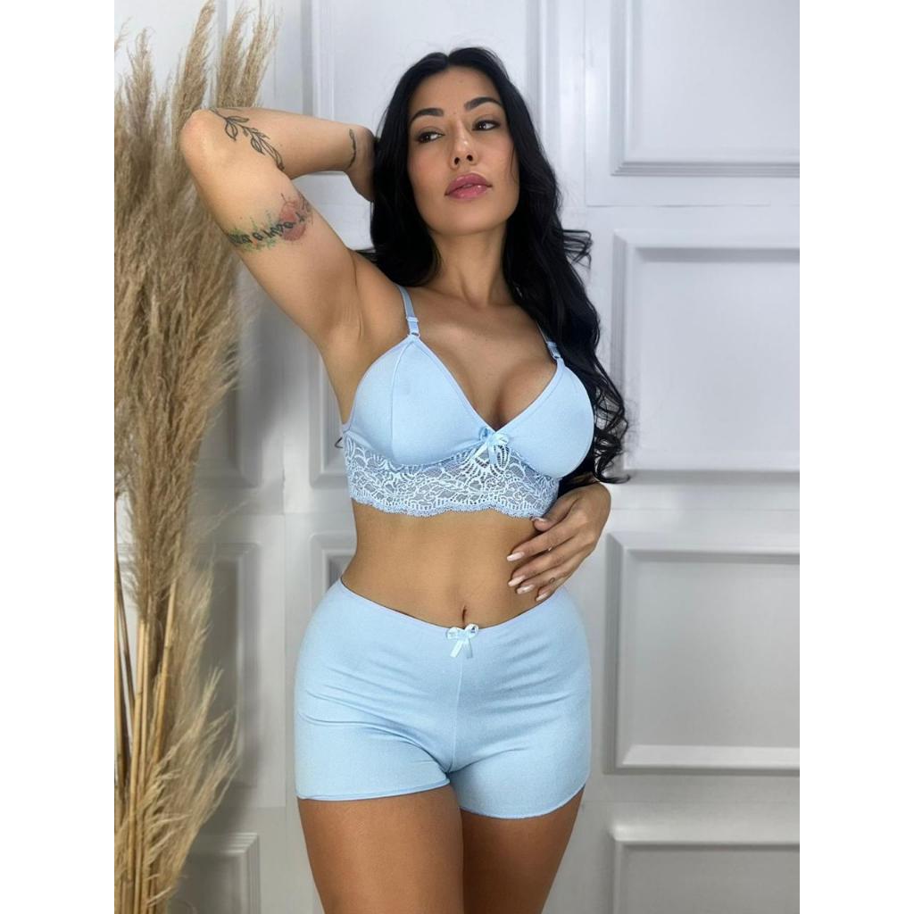 Pijama Top Renda Cores Variadas Short Doll Feminino Roupa de Dormir Detalhe de Luxo