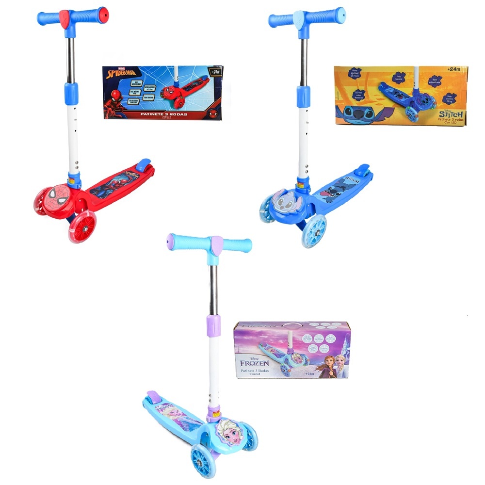 Patinete Infantil 3 Rodas com Led Homem-Aranha, Stitch e Frozen em Oferta na Shopee