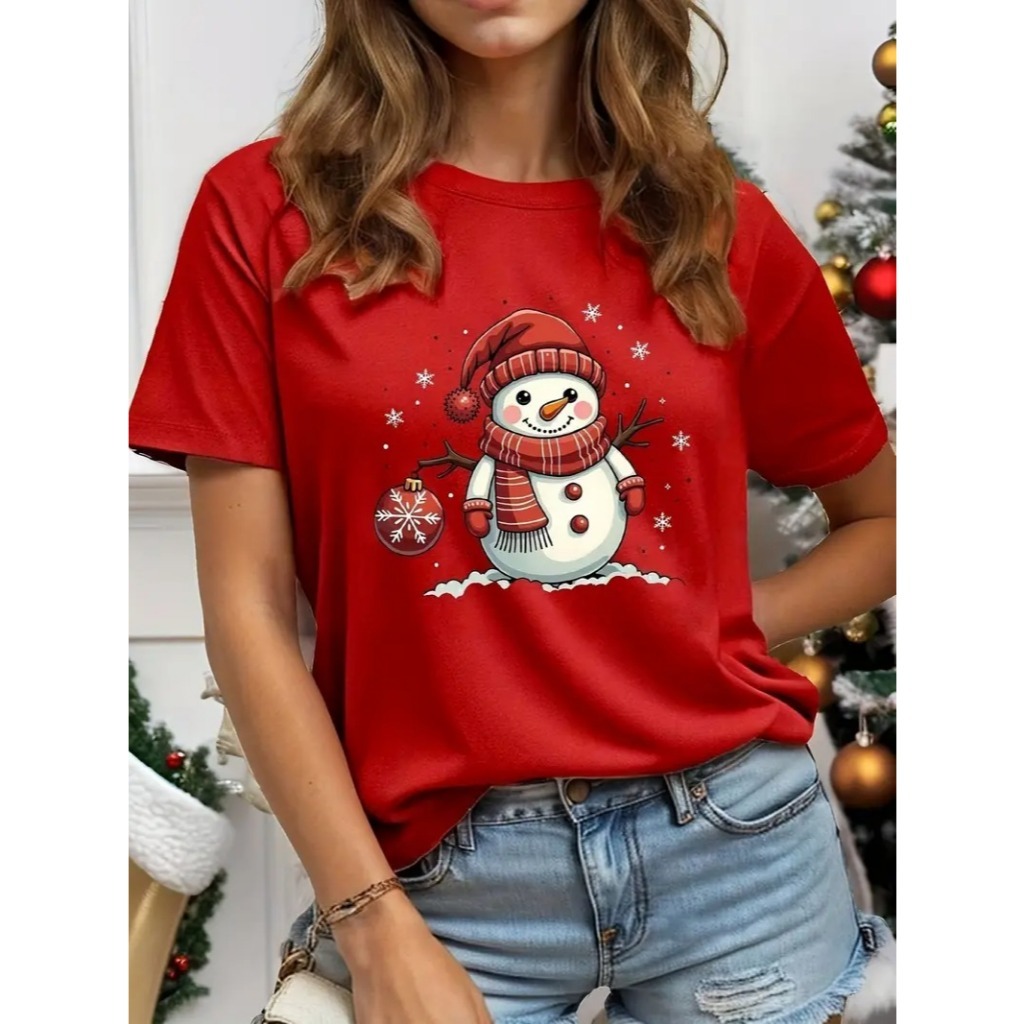 Camiseta Feminina Natal 2025 T-shirt Boneco de Neve 100% Algodão Casual Confortável