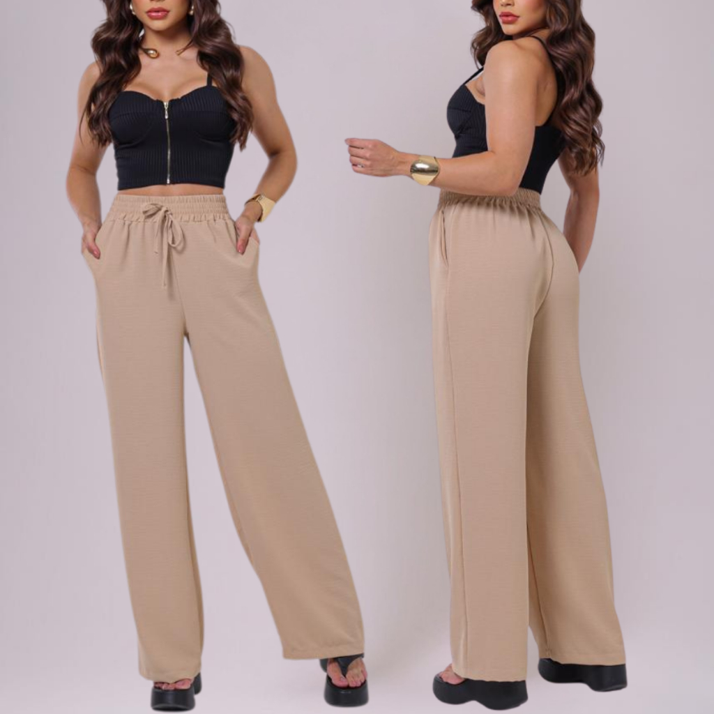 Calça Feminina Pantalona Duna Premium Com Elástico Cós Largo E Bolso Cintura Alta Elegante Tecido Leve Wide Leg Perna La