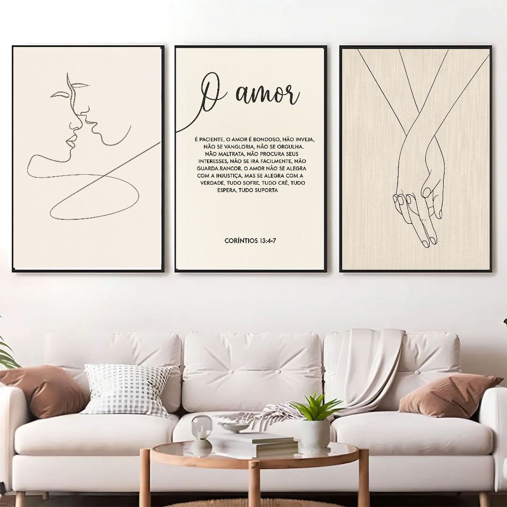Kit 3 Quadros Decorativos Amor – 1 Coríntios 13 – Minimalista Moderno – Sala Quarto – Arte Premium KMKZ em Oferta na Shopee