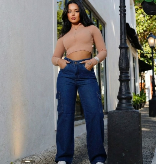 Calça Jeans Wide Cargo Feminina Confortável Casual Versátil Tendência Elegante Moderna Blogueira