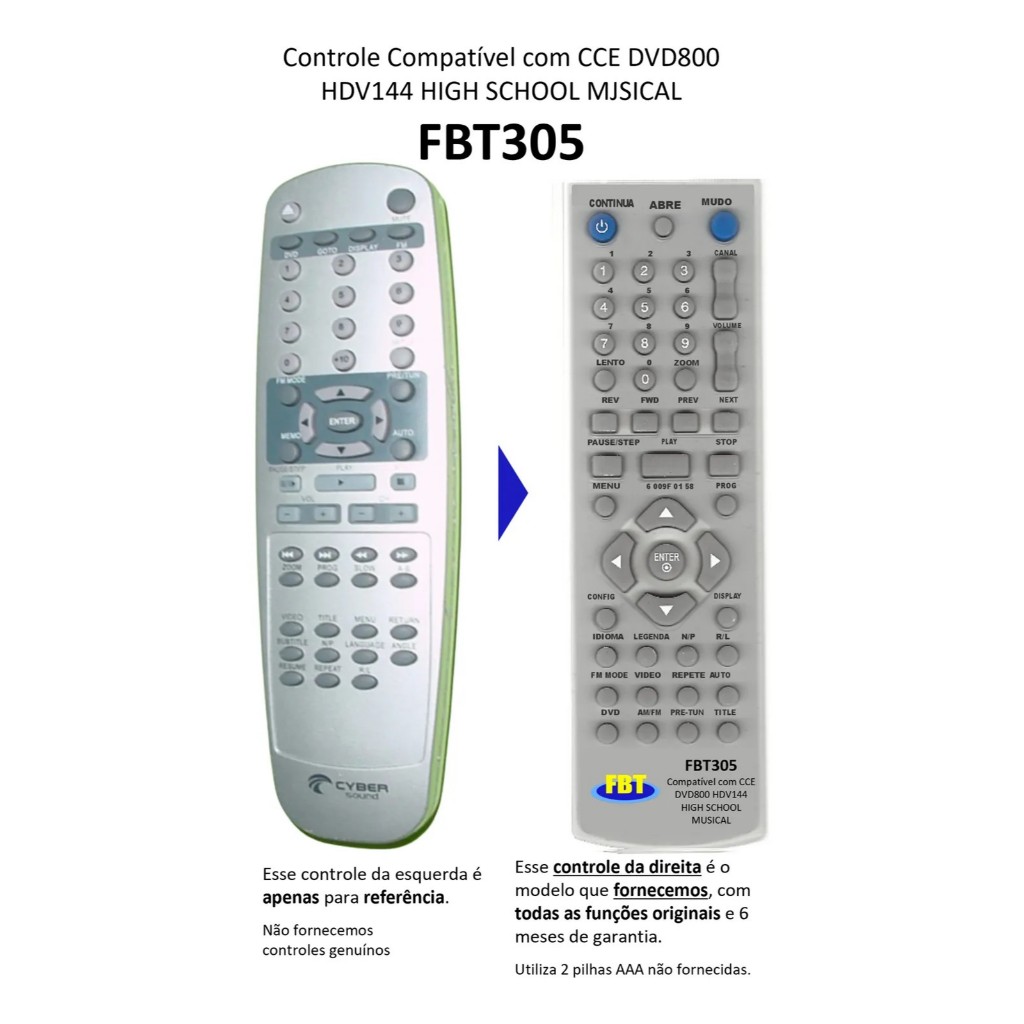 Controle Remoto Compatível Para Cce Dvd800 Hdv144 Hsm Fbt305