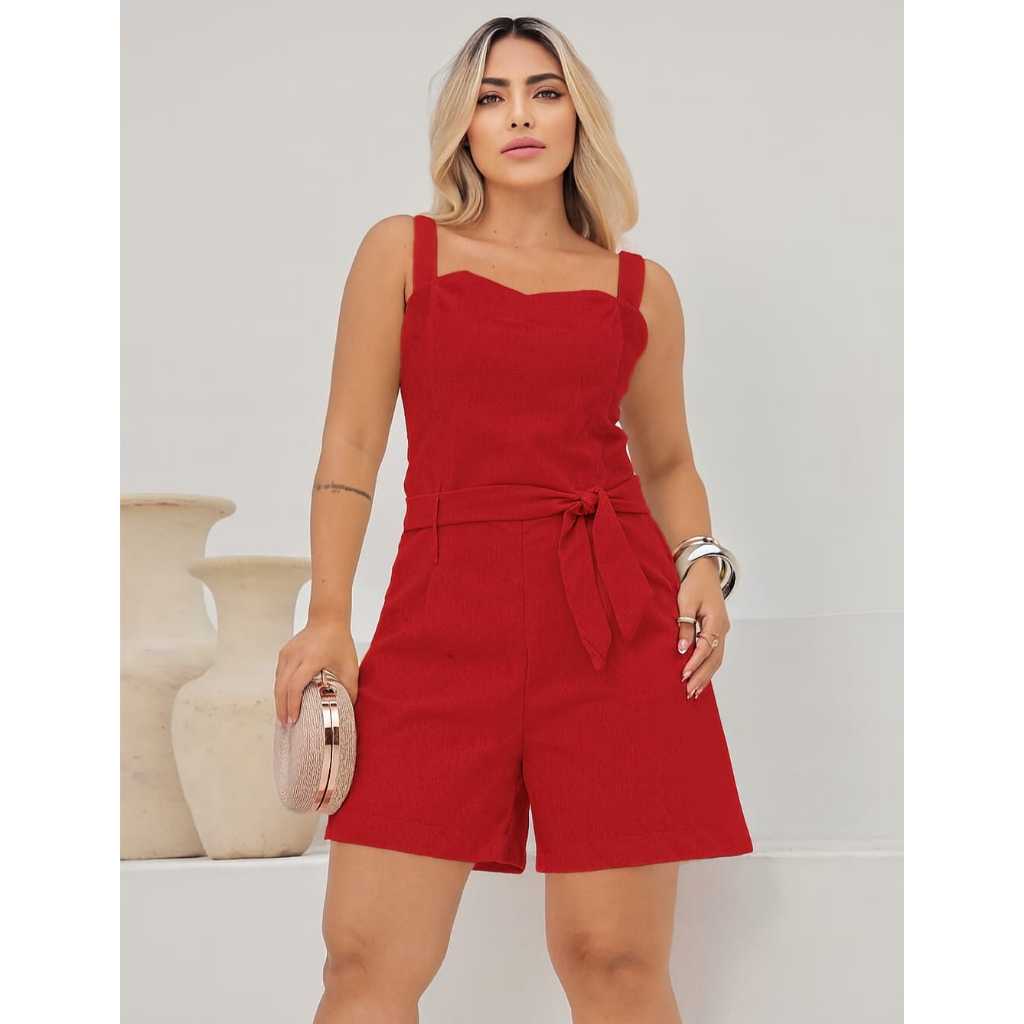 Macaquinho Macacão Feminino Mirela Linho com cinto e bolsos elástico nas costas em Oferta na Shopee