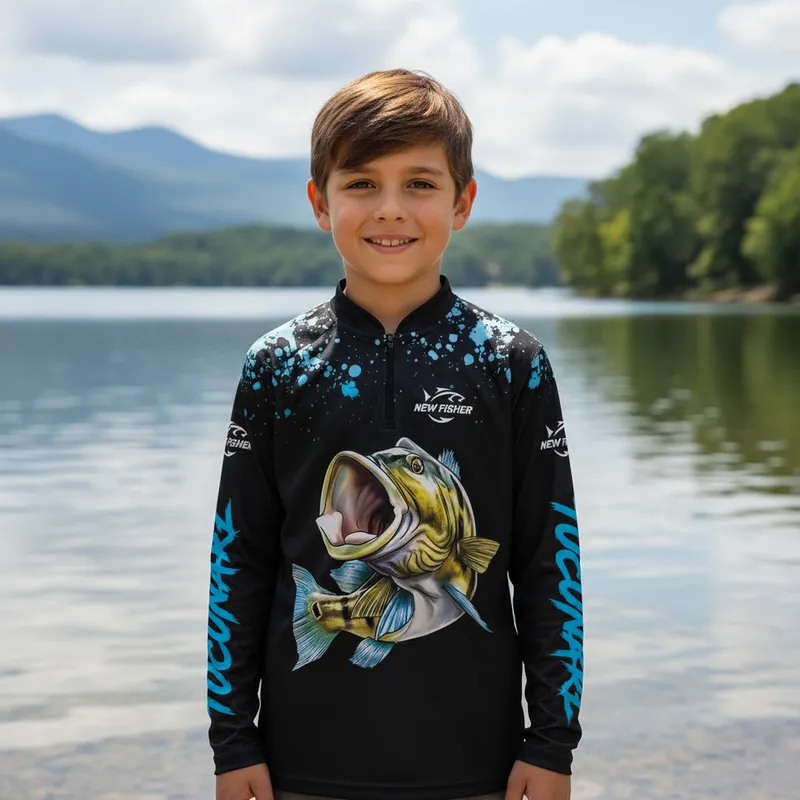 Camiseta Camisa de Pesca Infantil Protege do Sol UV50 Peixe Tucunare Com Gola e Ziper New Fisher em Oferta na Shopee