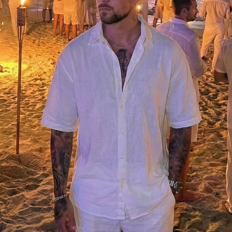 Camisa de botão Linho Casual Confortável Moda Praiana Masculino Liso