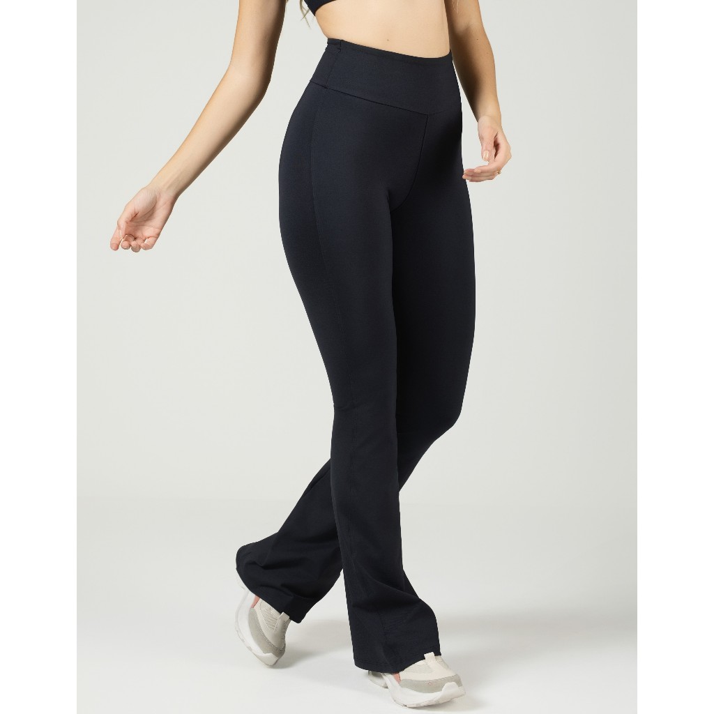Legging Flare Preta Feminina Poliamida Cós Alto Zero Transparência Academia Fitness LG282