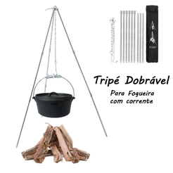 Tripé Dobrável Portátil Trempe Para Cozinhar Churrasco Fogueira Com Corrente Camping Piquenique