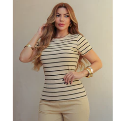 Blusa Feminina T-Shirt Camiseta Listrada Malha Canelado Casual Moda Verão 3RD SD1607