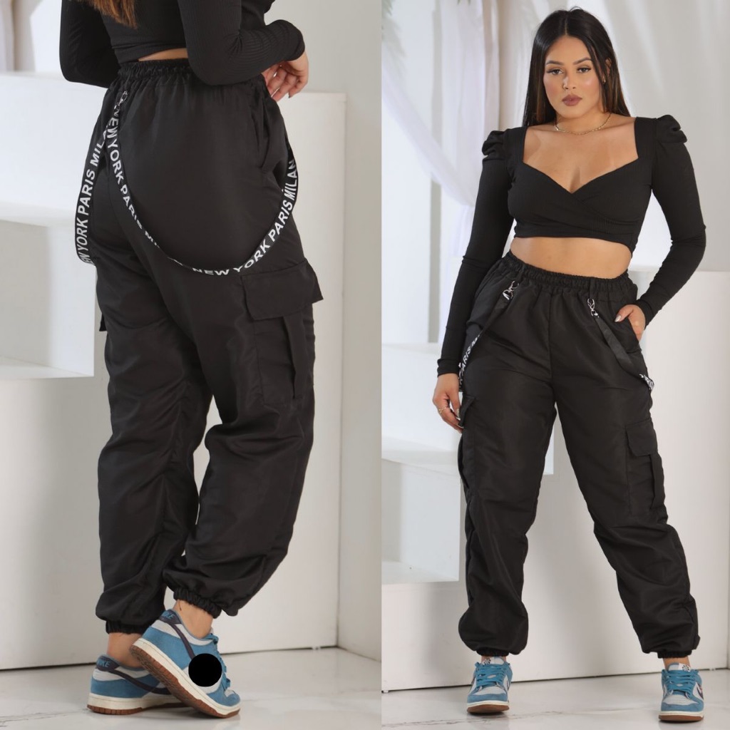 Calça Jogger Feminina Tactel Suspensório Cargo 4 Bolsos 3 Cores Calça Gringa Stret Blogueira Hip Hop Cargo T