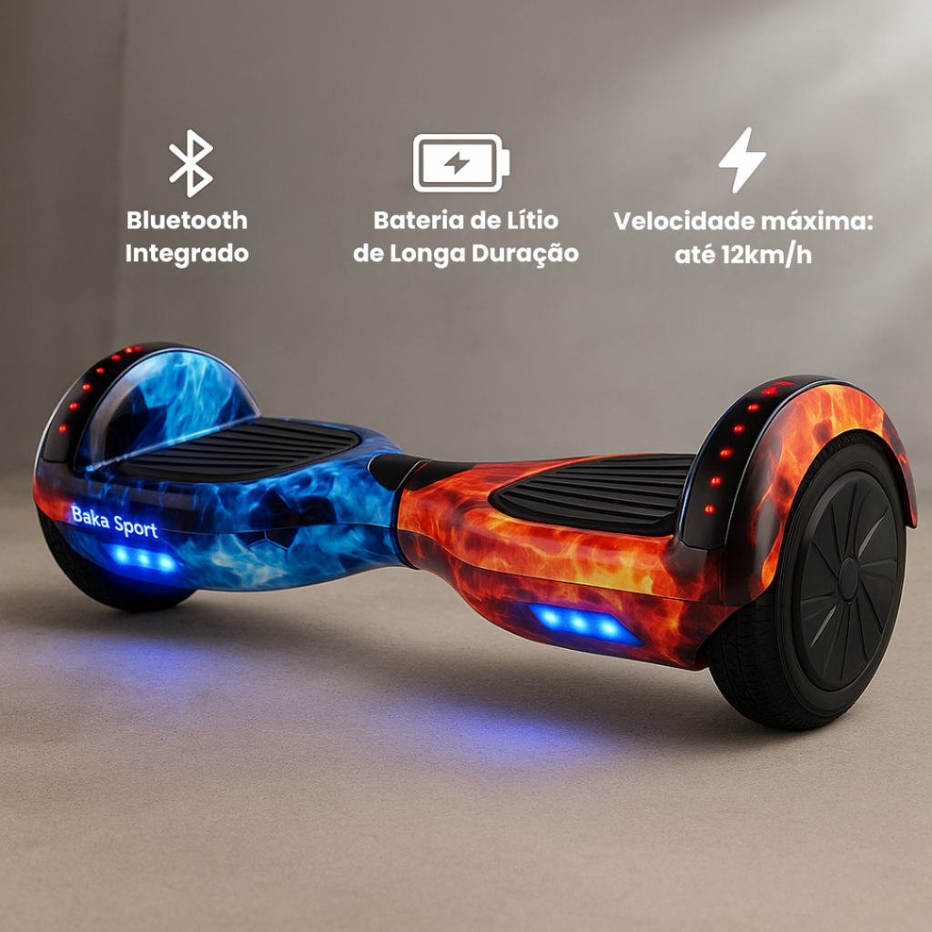 Skate Elétrico Hoverboard Fogo Gelo 6.5 Polegadas Baka Sport com Luzes LED Conexão Bluetooth 12Km/h