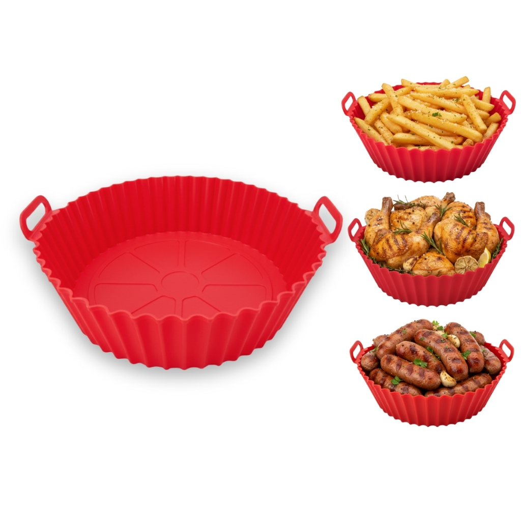 Forma de Silicone Antiaderente para Air Fryer – Cesto Reutilizável com Alças, Compatível com Forno e Micro-ondas