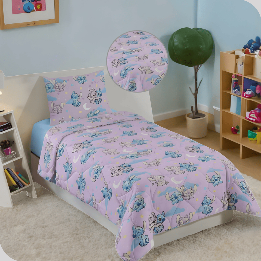 Edredom Dupla Face Solteiro Stitch Menina Feminino Azul Rosa Lepper em Oferta na Shopee