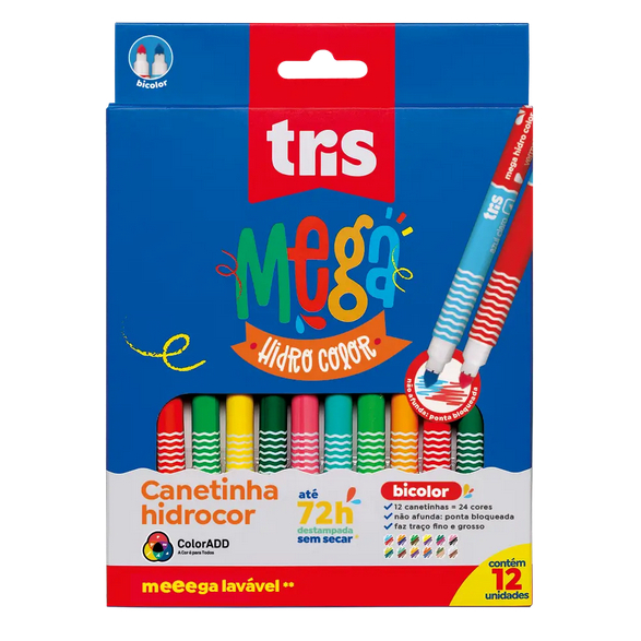 Hidrocor Ponta Dupla Tris Mega Hidro Color – Bicolor 24 Cores • 2 Pontas em Cada Canetinha 🎨🌈