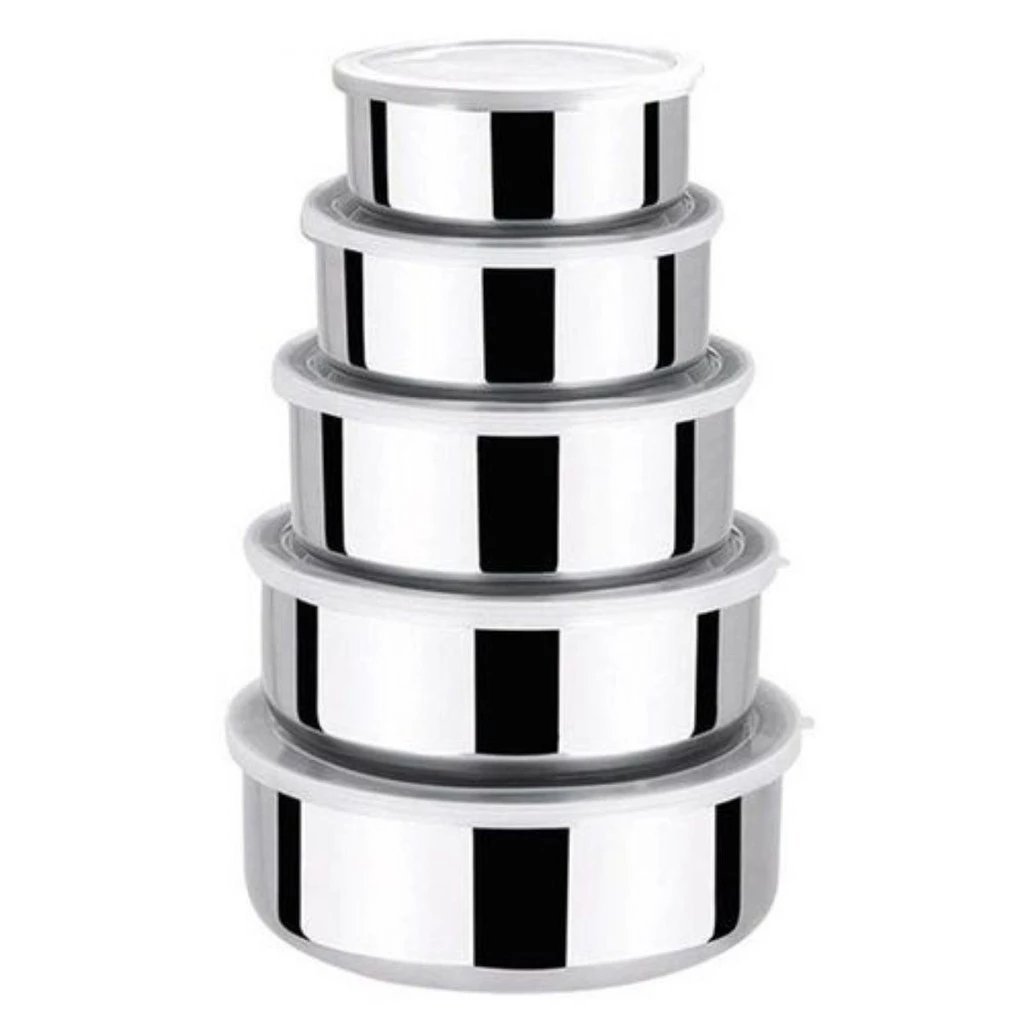 Jogo 5 Potes Tigelas em Inox Alumínio Com Tampa Redondo Cozinha