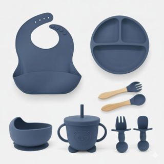 Kit Refeição 8 peças Alimentação do Bebê SiliconeTalheres com Ventosa Canudo Babador Cata migalha em Oferta na Shopee