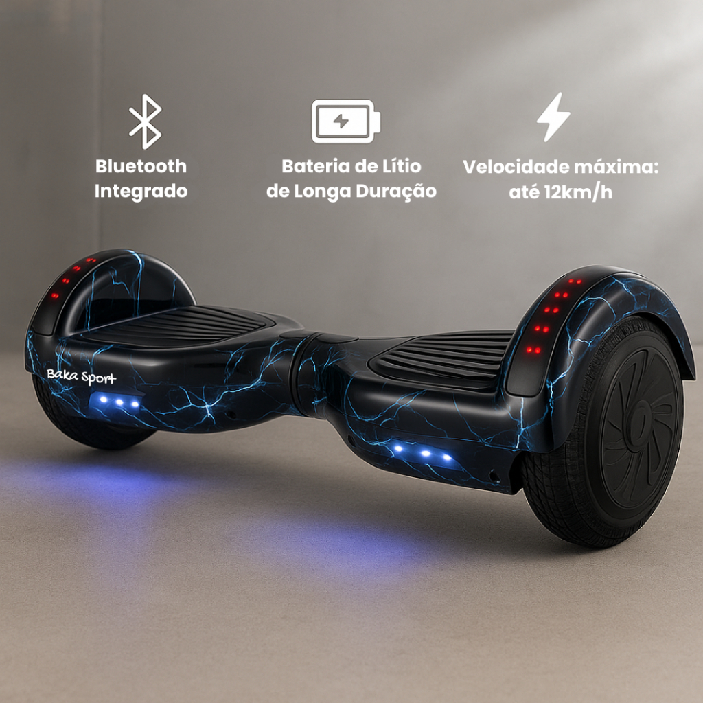 Skate Elétrico Hoverboard Preto Raio 6.5 Polegadas Baka Sport Luzes LED Conexão Bluetooth 12Km/h