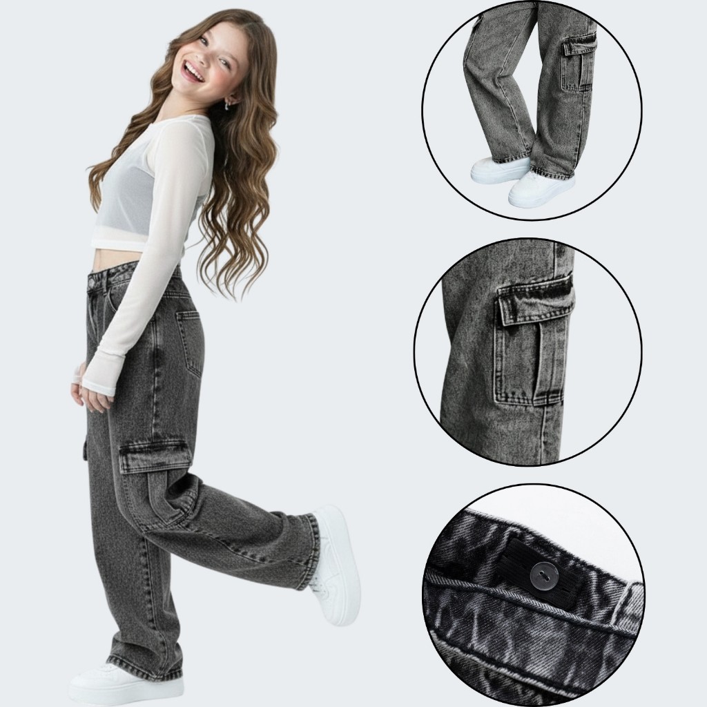 Calça Jeans Wide Leg Cargo Preta Marmorizado 04 ao 16 Modelagem Solta e Confortável em Oferta na Shopee