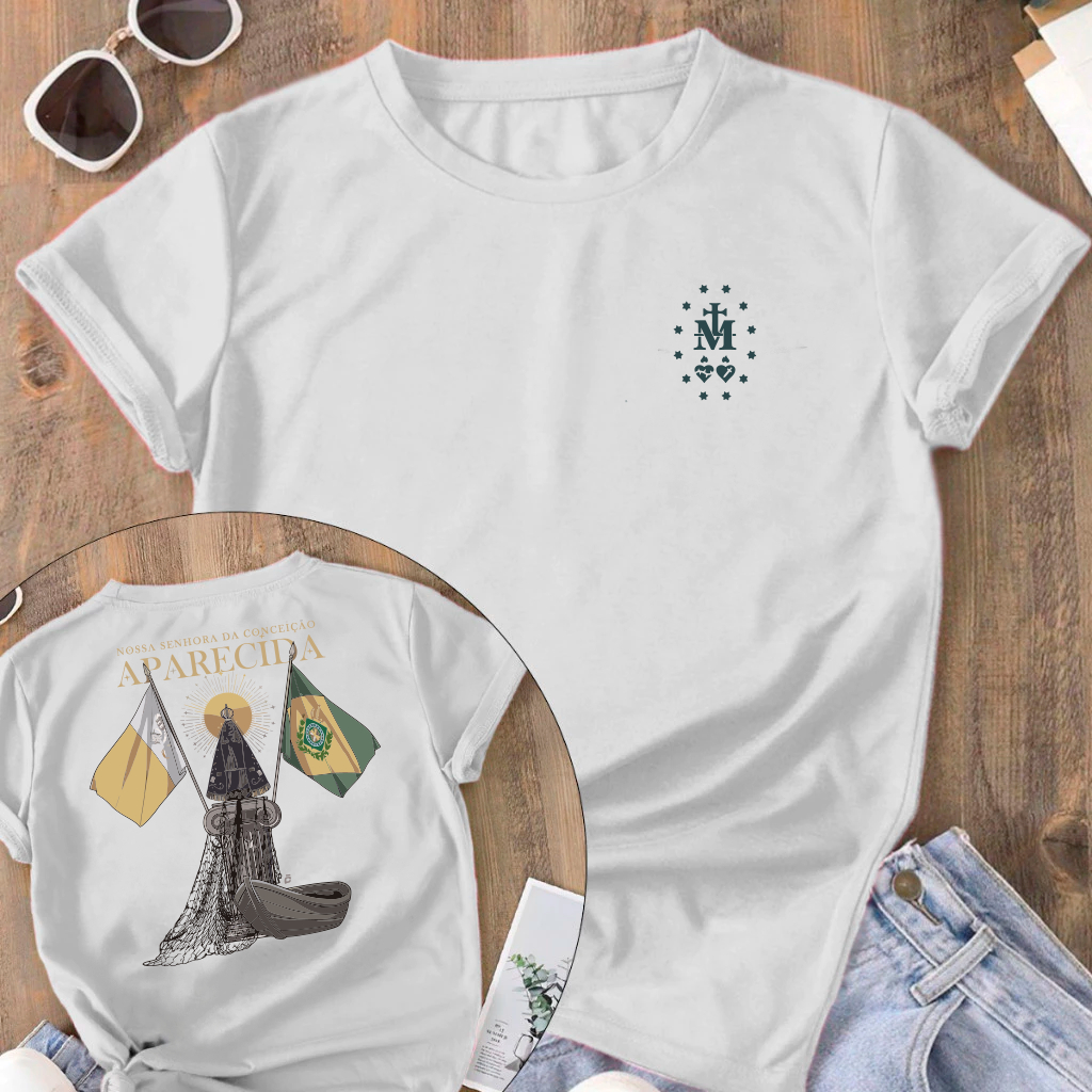 Camiseta Tradicional Religiosa Nossa Senhora Aparecida Padroeira Do Brasil Blusa Camisa 100% Algodão Unissex