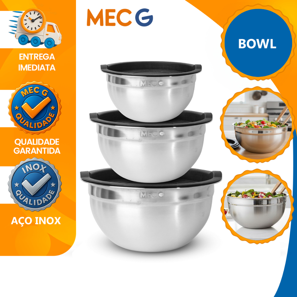 Kit de Tigelas em Aço Inox com Tampa Bowl, Bacia, Vasilha e Cumbuca em 3 Tamanhos Conjunto Saladeira em Oferta na Shopee
