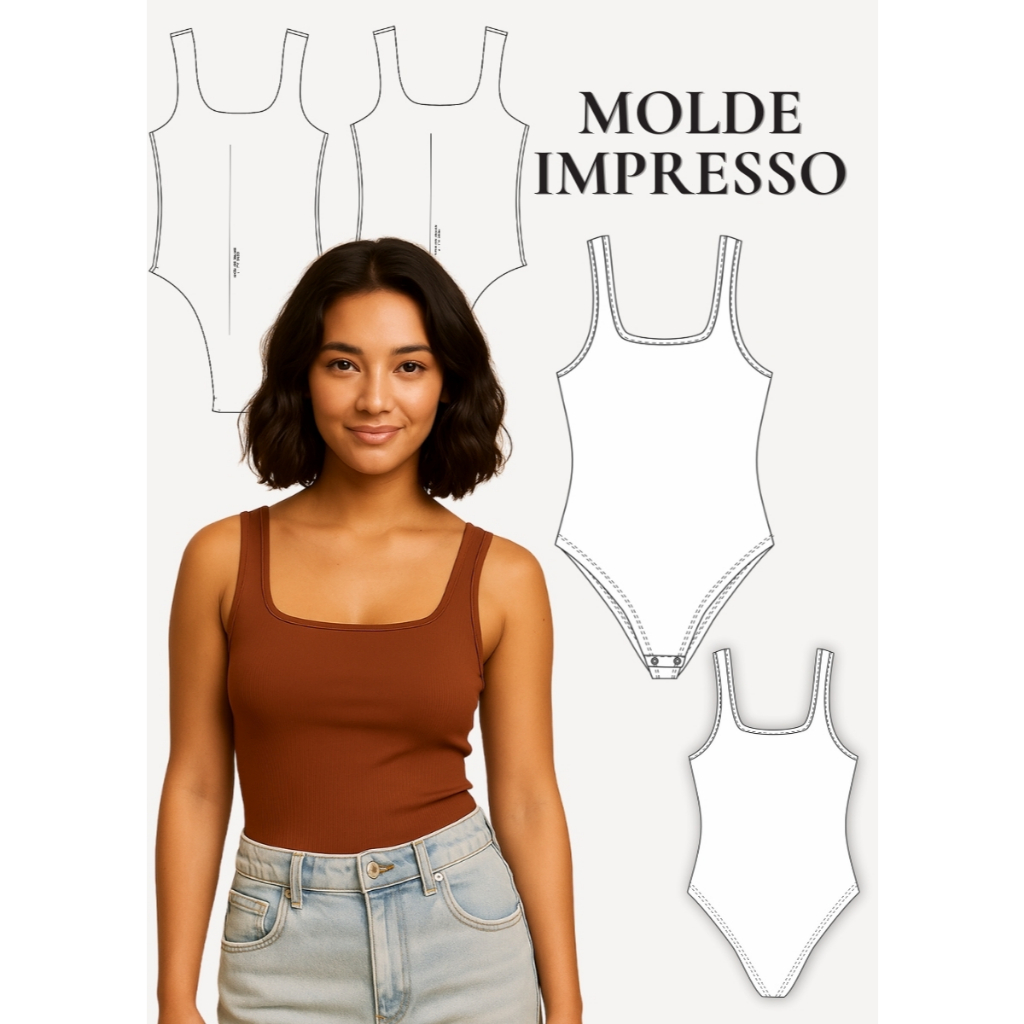 MOLDE EM PAPEL PARA COSTURA IMPRESSO BODY REGATA ALÇA FEMININO PLUS SIZE - MODELAGEM PARA COSTURA - PAPEL KRAFT