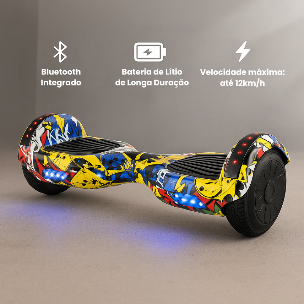 Skate Elétrico Hoverboard Hip Hop 6.5 Polegadas Baka Sport Luzes LED Conexão Bluetooth 12Km/h