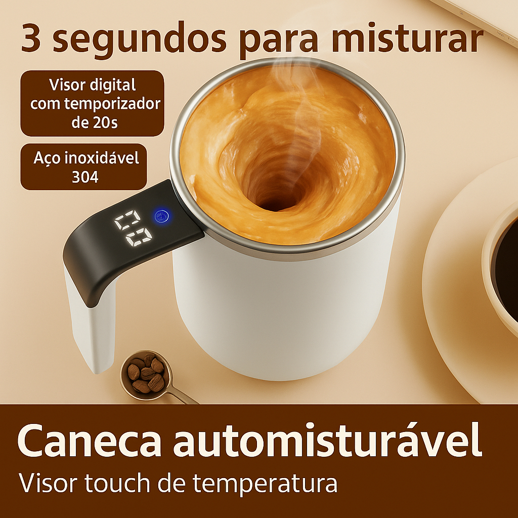Caneca Mistura Temperatura Automática Display | Aço Inox 304 USB Recarregável Mixer Café Chá Cozinha
