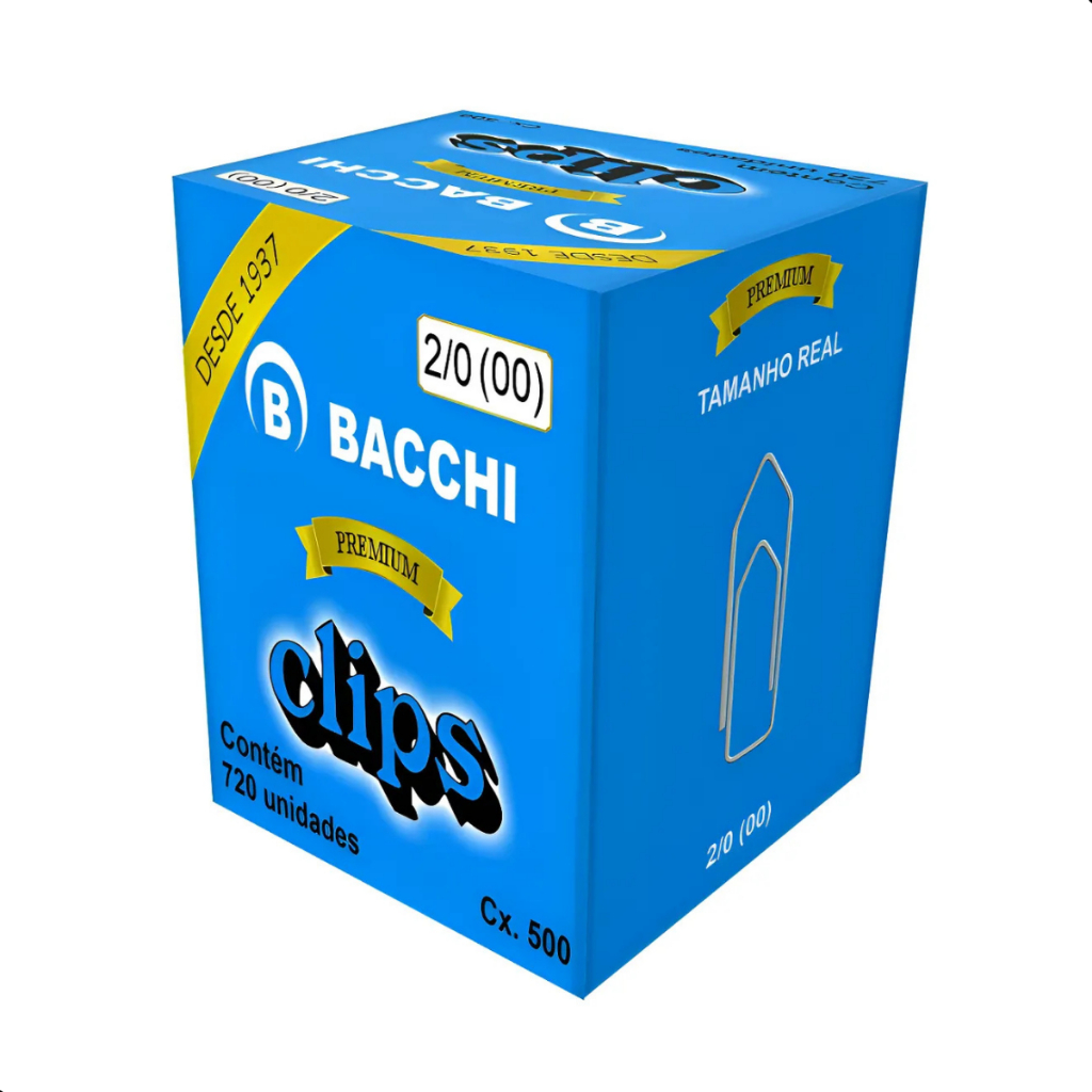 Clips Aço Galvanizado Premium N° 2/0 (00) - C/ 720 Unidades - Alta qualidade Escritório Bacchi