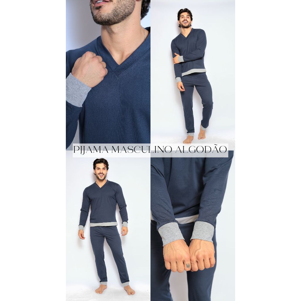 Pijama Masculino Algodão Manga Longa de Frio Inverno em Oferta na Shopee