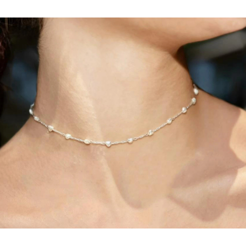 Choker Coração Pérola Prata Colar casual Choker Delicada de Pérola Colar Romântico Elegante de Prata