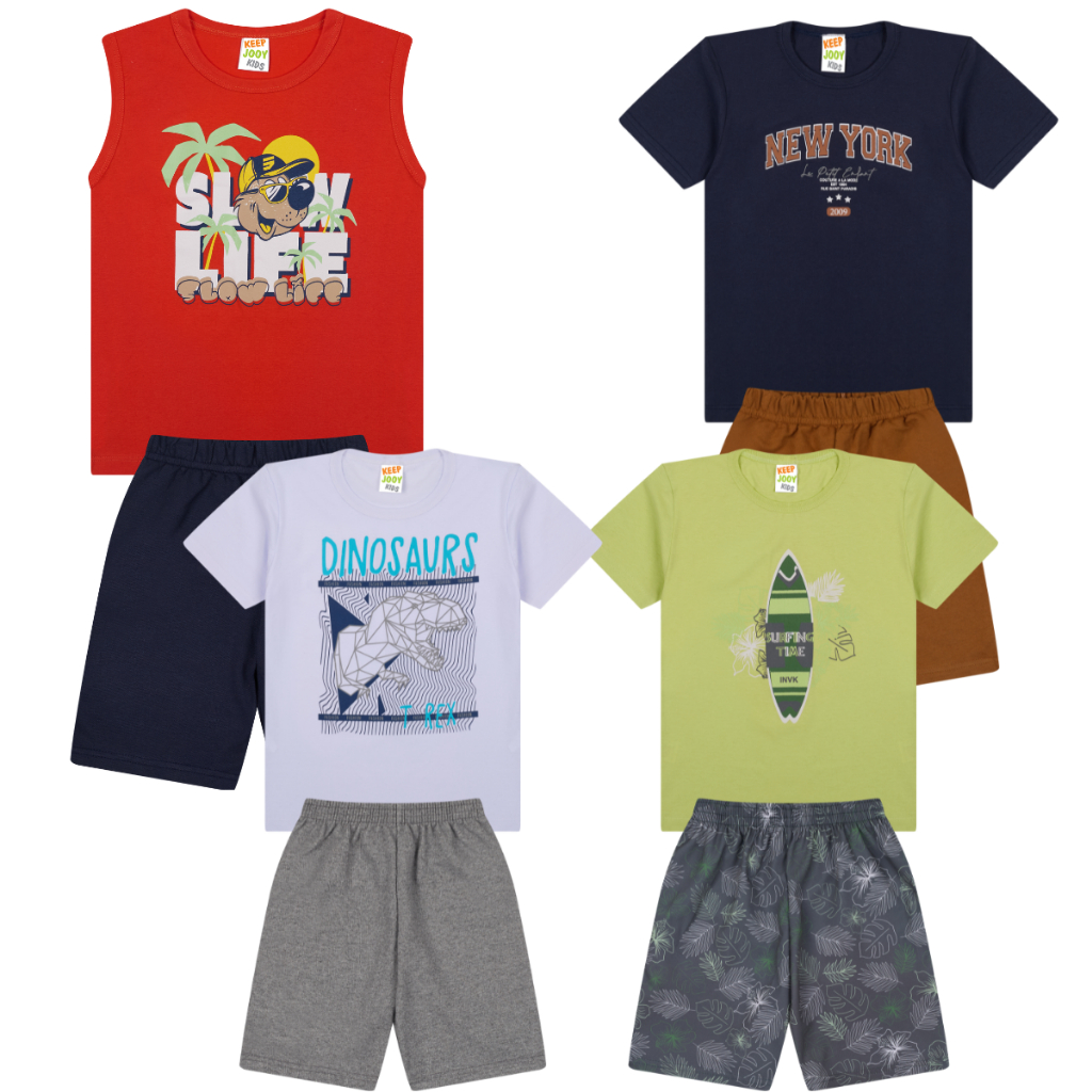 Conjunto Verão Menino Infantil Camiseta e Short Look Casual Tendência e Muito Confortável Tam 01-16 Estampas Sortidas
