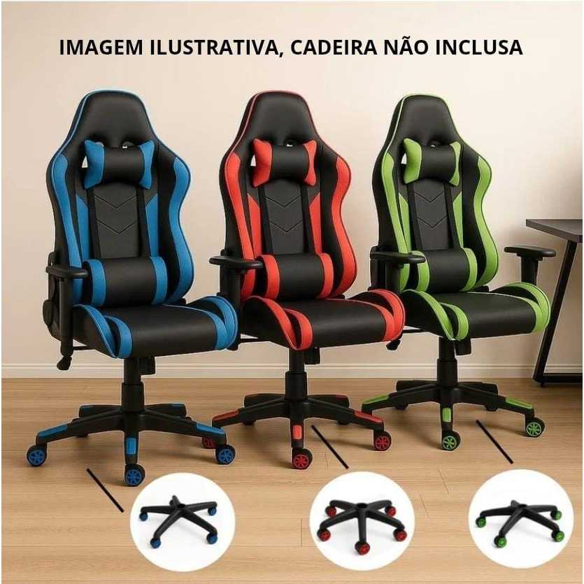 Imagem Kit Base Cadeira Gamer Premium 150kg – Base Estrela Reforçada + 5 Rodízios Coloridos + Capa