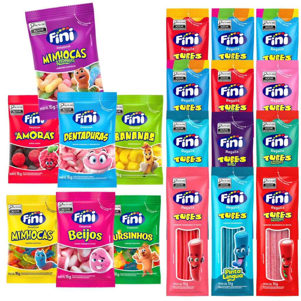Kit 20un a 50un Pacotes Bala Fini 15g Cada – Sabores Sortidos Tubes e Temáticos em Oferta na Shopee
