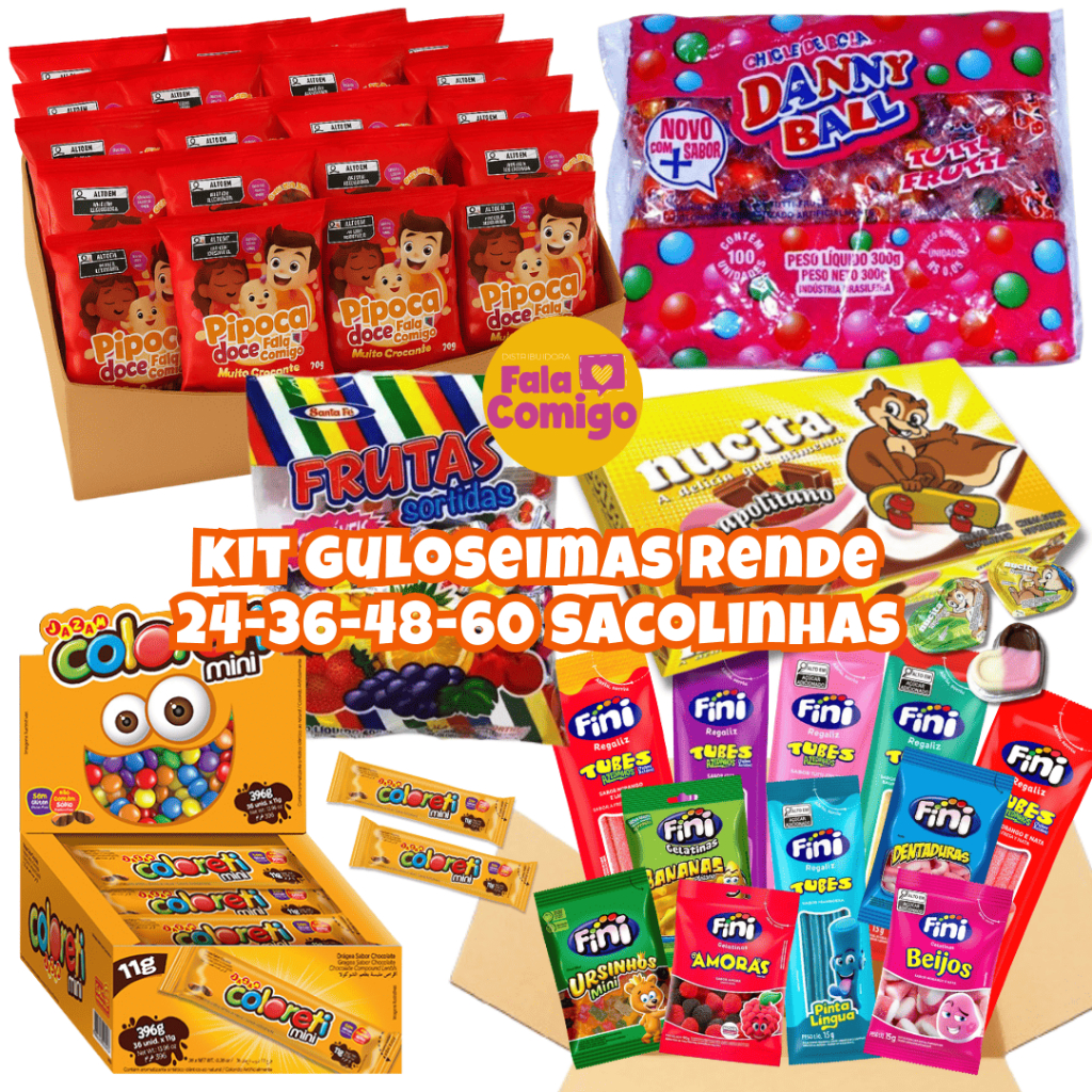 Kit Guloseimas Rende 24/36/48/60 Sacolinhas Lembrancinhas Aniversário Infantil Pipoquinha Fini Nucita - Fala Comigo Kit Guloseimas Rende 24/36/48/60 Sacolinhas Lembrancinhas Aniversário Infantil Pipoquinha Fini Nucita - Fala Comigo