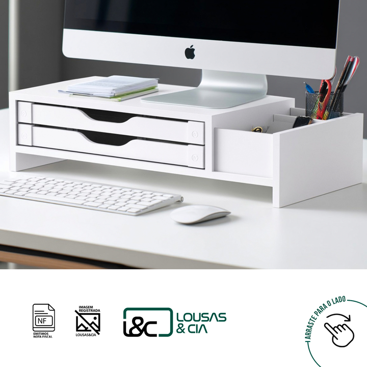 Suporte Base Monitor Mesa Ergonômico 2 Gavetas + 3 Nichos Home Office Organização