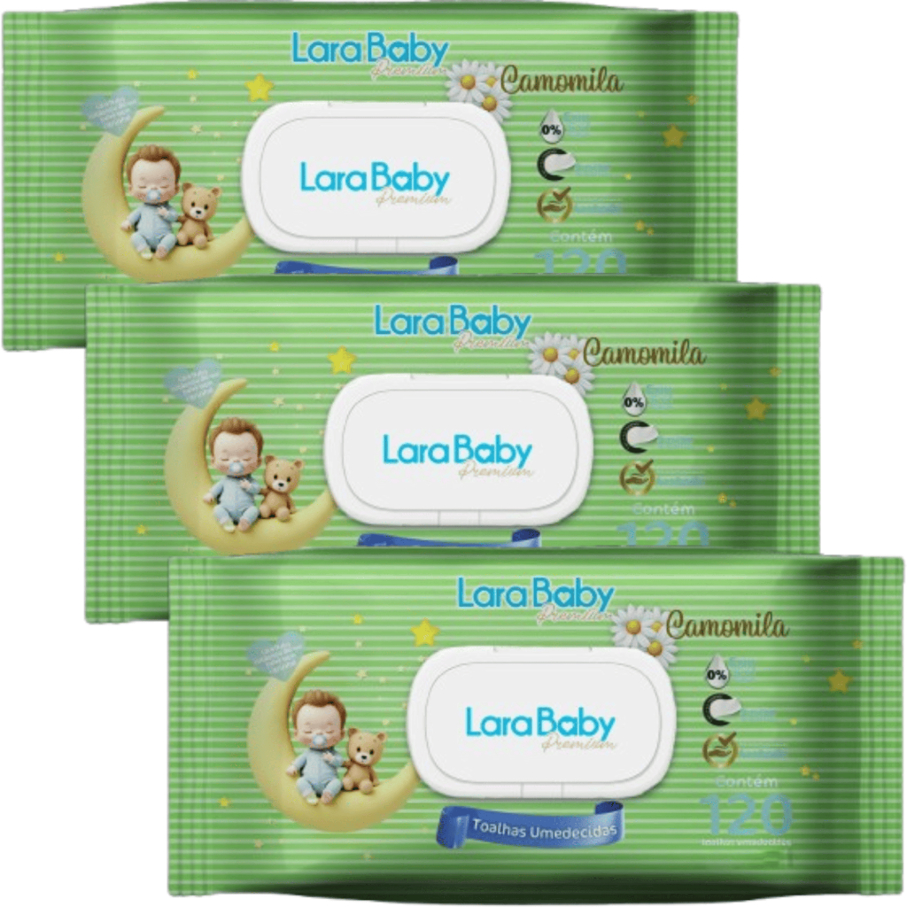 Kit C/3 Toalha Umedecida Lara Baby Premium Camomila 120 unidades total 360