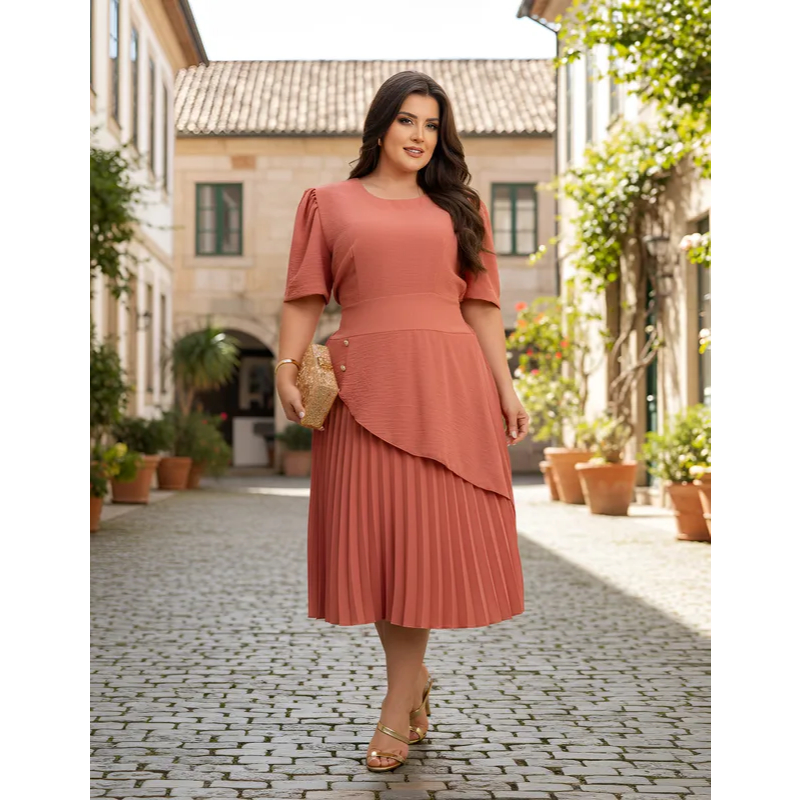 Vestido Plissado, Feminino Elegante e Casual. Tecido Duna Plus Size Midi, Manga Curta