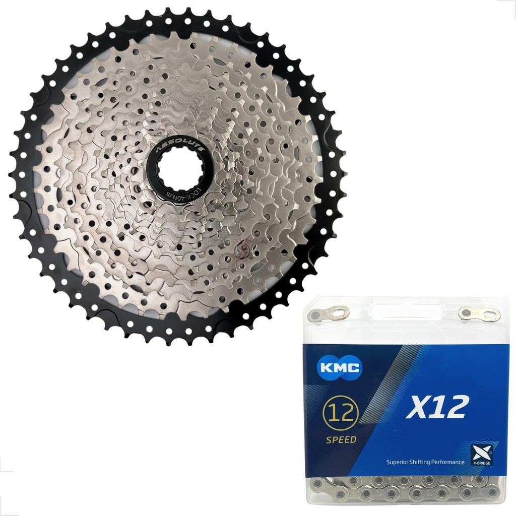 CASSETE 12V ABSOLUTE 11/50D + CORRENTE KMC X12 PRATA 126 ELOS - 1x12V MTB